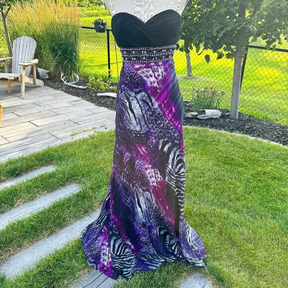 Y2K May Queen Couture Strapless Sheer Animal Print Chiffon Sequin Maxi Gown - Picture 1 of 16